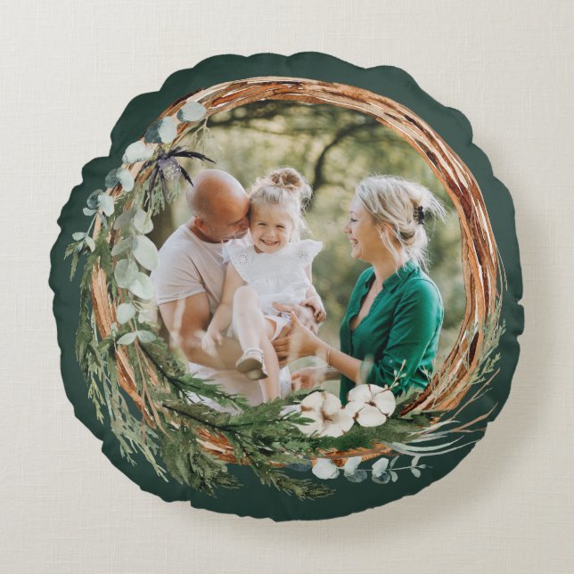 Moderner Laubkranz Foto Weihnachtsgrün Rundes Kissen (Vorderseite)