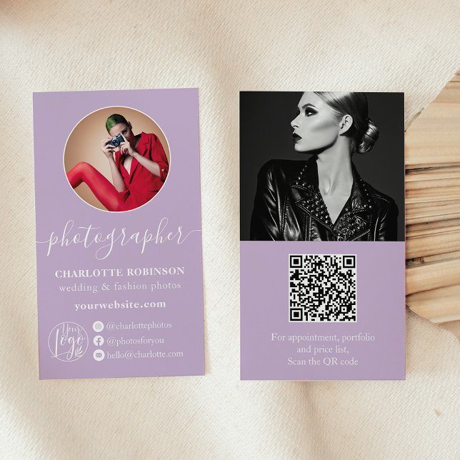 Moderner Lavendel-Foto qr-Code-Logo-Fotograf Visitenkarte (Modern lavender photo qr code logo photographer business card)