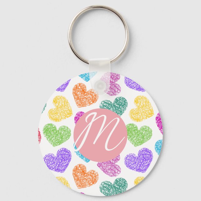 Moderner, lebendiger Regenbogen Doodle Hearts Mit  Schlüsselanhänger (Vorderseite)
