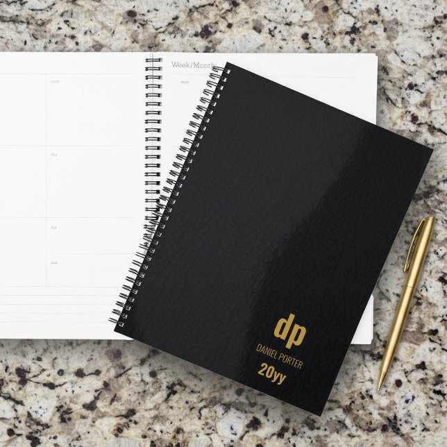 Moderner Leder-Look Schwarz und Gold Mit Monogramm Planer (Personalized Planner by Darling & May)