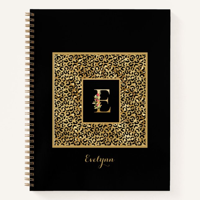 Moderner Leopard Gold Personal Monogram Letter E Notizbuch (Vorderseite)
