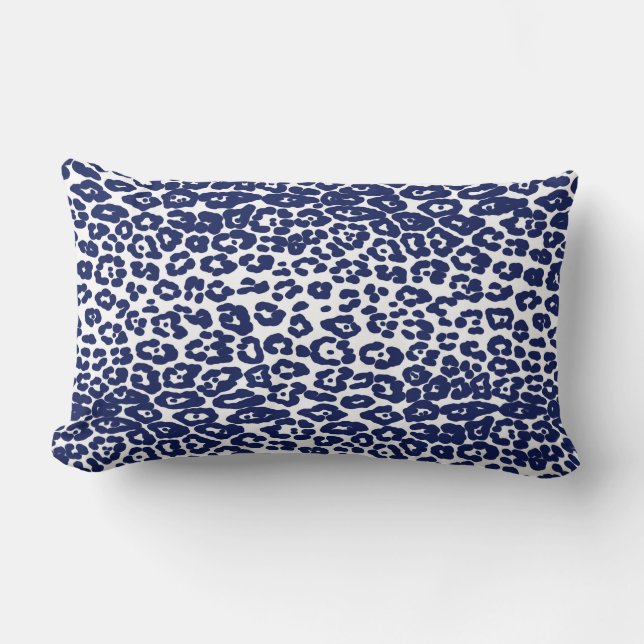 Moderner Leopardendruck in Weiß und Marineblau Lendenkissen (Vorderseite)
