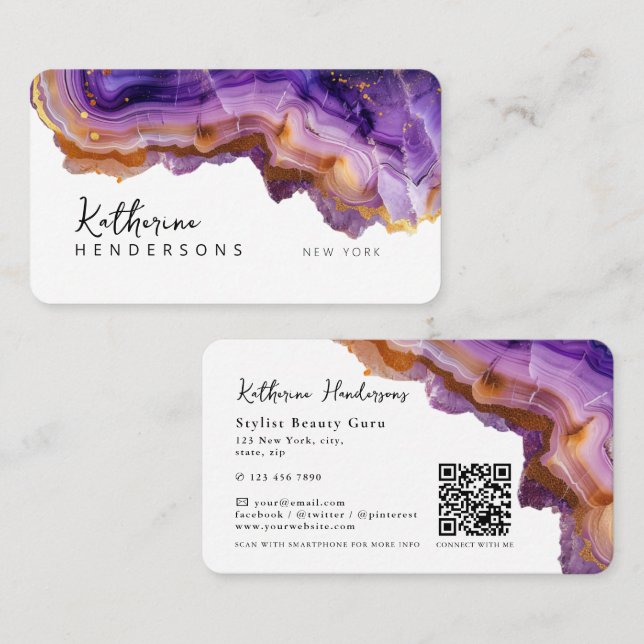 Moderner lila Achat- und Goldglitter-Marmor-QR-Cod Visitenkarte (Vorne/Hinten)