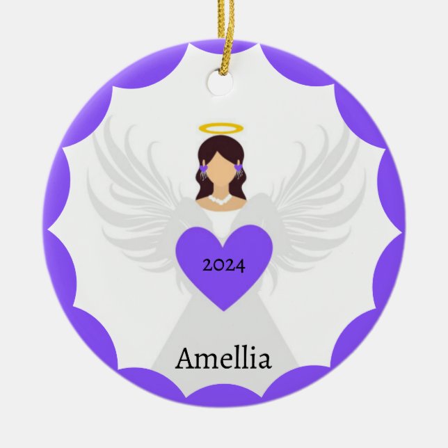 Moderner Lila Angel Heart Individuelle Name Keramik Ornament (Vorne)