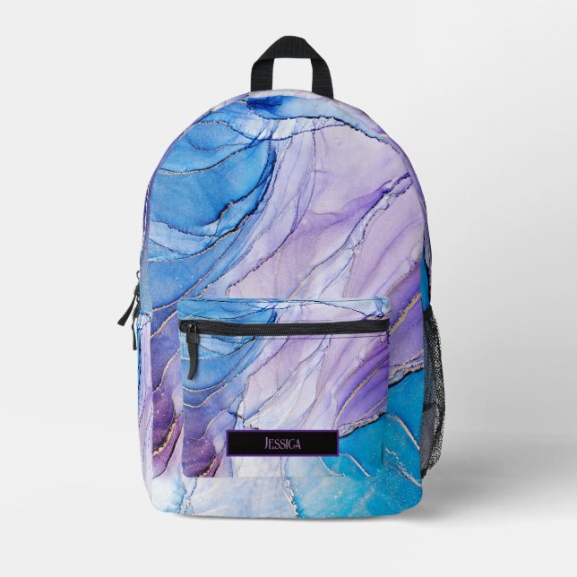 Moderner Lila & blau marmorierter Alkoholtink Bedruckter Rucksack (Vorderseite)