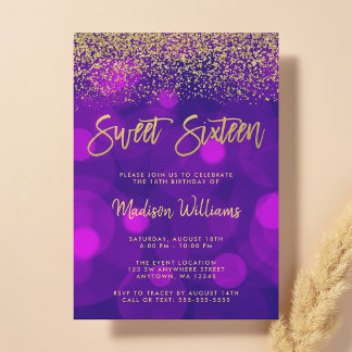 Moderner Lila Bokeh Gold Glitzer Sweet 16 Einladung