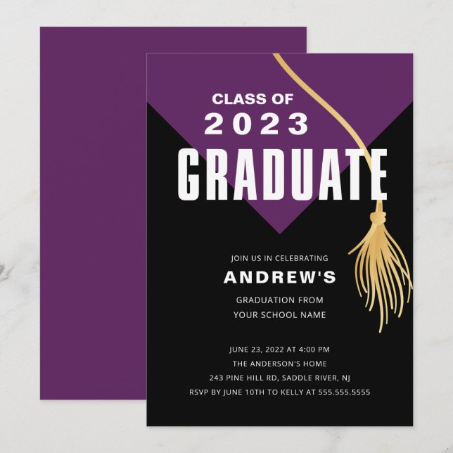 Moderner Lila Cap Abschluss Einladung (Vorne/Hinten)
