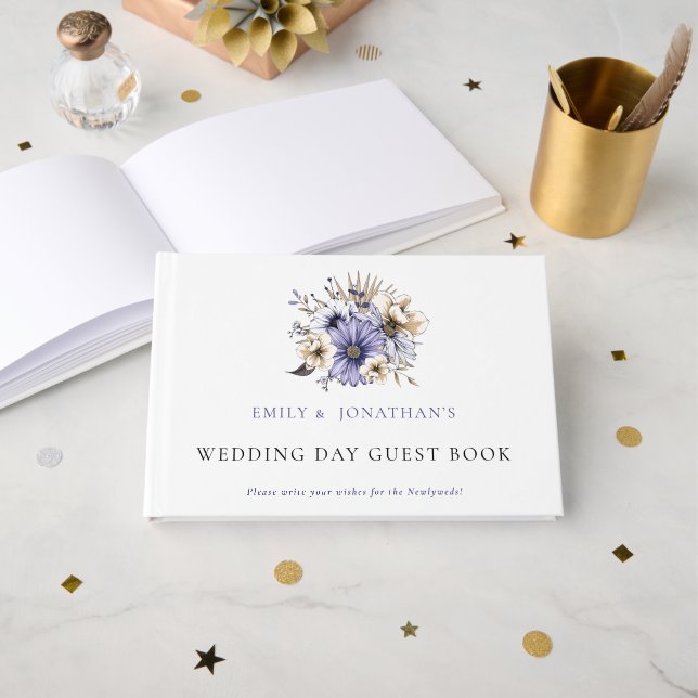 Moderner Lila Florals Foliage Hochzeitstag Gästebuch (Vorderseite Offen)