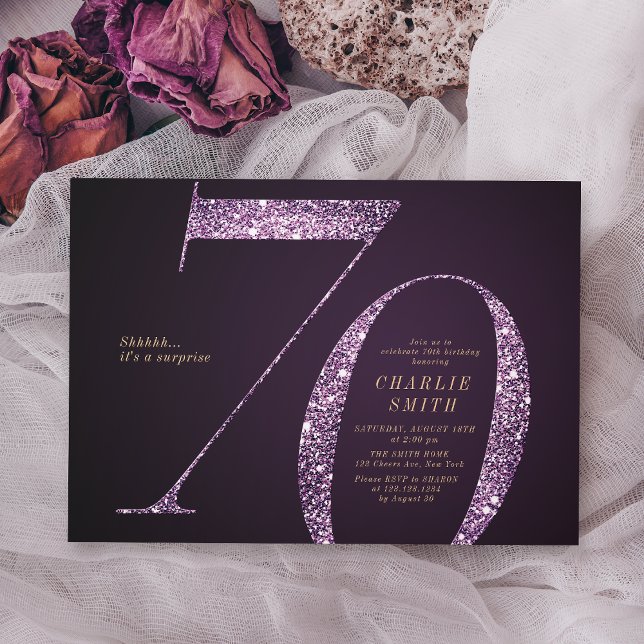 Moderner lila Glitzer, 70. Geburtstag Einladung (Modern minimalist purple glitter 70th birthday invitation)