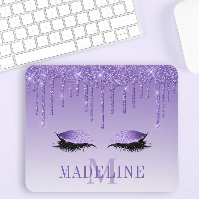 Moderner Lila Glitzer Lashes Monogram Mousepad (Customize to change text color, text style or to add more text.)