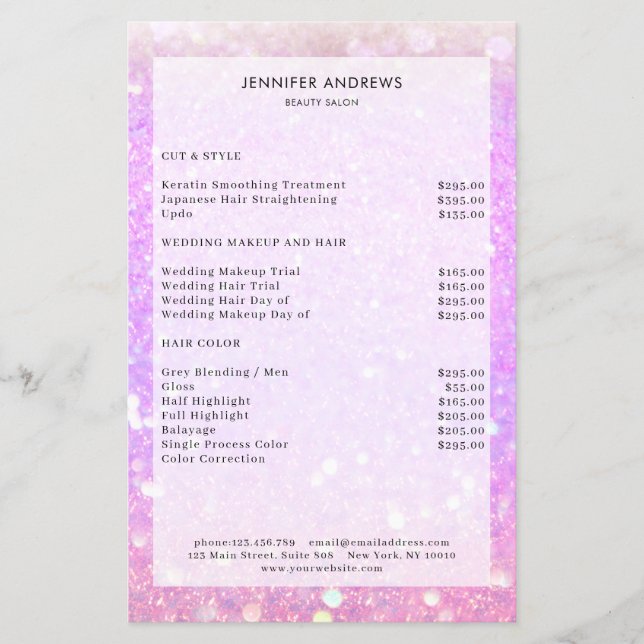 Moderner Lila Glitzer Salon Preisliste Flyer (Vorne)