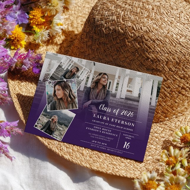 Moderner lila, minimalistischer Foto Abschluss Einladung (Modern purple violet minimalist photo graduation invitation)
