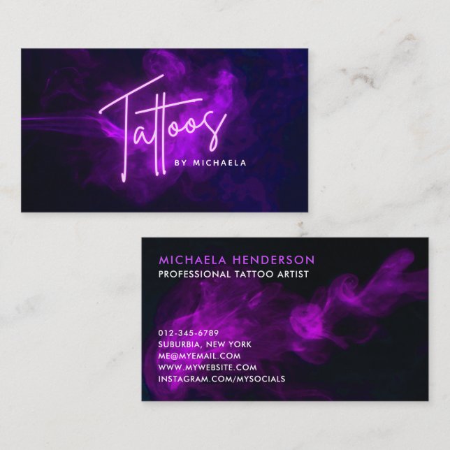 Moderner Lila Neon & Smoke Tattoo Artist Visitenkarte (Vorne/Hinten)