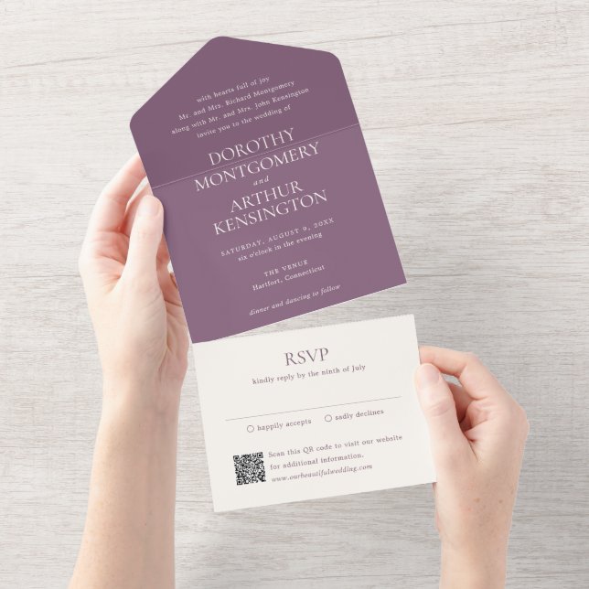 Moderner Lila QR-Code Elegante Hochzeit All In One Einladung (Abreißen)