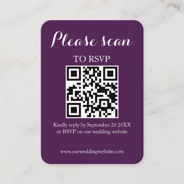 Moderner Lila QR Code & UAWG Wedding Begleitkarte (Vorderseite)