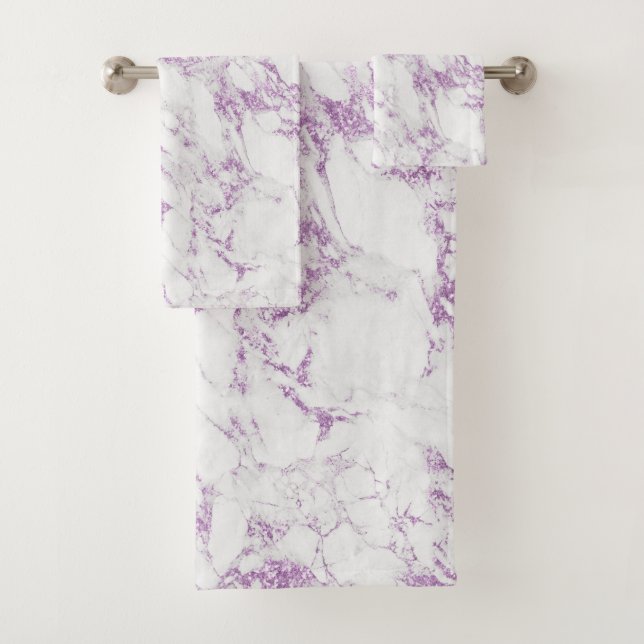 Moderner Lila Violet Glitzer Foil White Marmor Badhandtuch Set (Insitu)