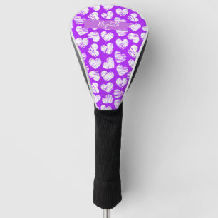 Moderner Lila weißer Doodled Herzname Valentine Golf Headcover