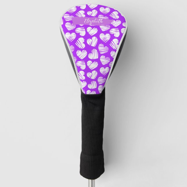 Moderner Lila weißer Doodled Herzname Valentine Golf Headcover (Vorderseite)