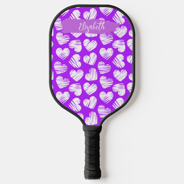 Moderner Lila weißer Doodled Herzname Valentine Pickleball Schläger (Vorderseite)