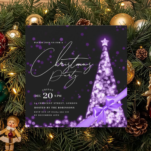 MODERNER Lila Winter Weihnachtsbaumschleife Party  Einladung (MODERN Purple Winter Christmas Tree Bow Party Invitation)
