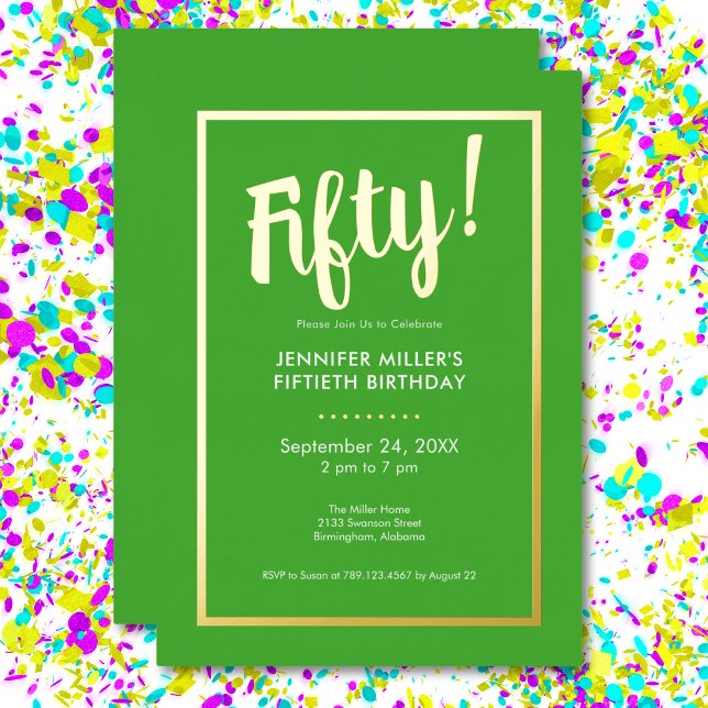 Moderner Limettengrün & Gold Foil 50. Geburtstag Folieneinladung (Modern Lime Green & Gold Foil 50th Birthday Foil Invitation)