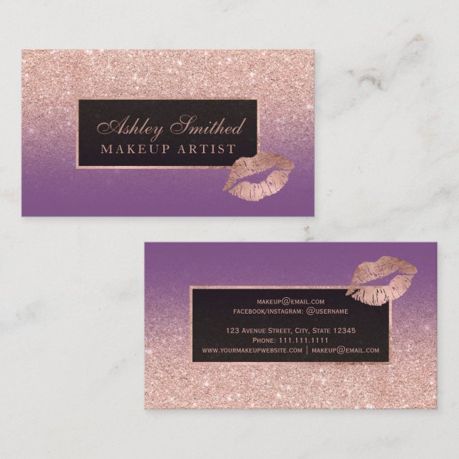 Moderner LippenRosengoldGlitter lila ombre Make-up Visitenkarte (Vorne/Hinten)