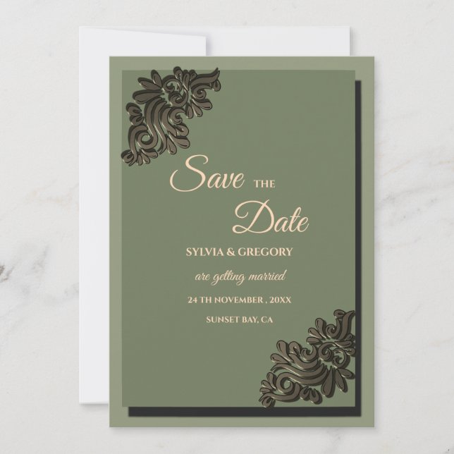 Moderner Luxury Earth Ton Sage Green & Gold Classi Save The Date (Vorderseite)