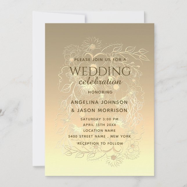 Moderner Luxus Elegante Gold Floral Lace Hochzeit Einladung (Vorderseite)