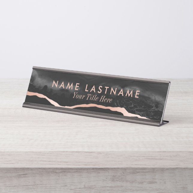 Moderner Luxus Schwarz Gray Rose Gold Agate Marble Schreibtischnamensplakette (Vorderseite )