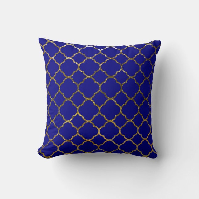 Moderner Marine-Blau-GoldQuatrefoil Kissen (Vorderseite)