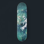 Moderner marineblauer Wolf Skateboard<br><div class="desc">Eine moderne Handmalerei marineblau und grün Aquarell abstrakter Wolf mit einem trendigen weißen monogramm Tiermuster.</div>
