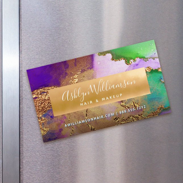 Moderner Marmor Aquarell Gold lila grüner Stylist Magnetische Visitenkarte (Von Creator hochgeladen)