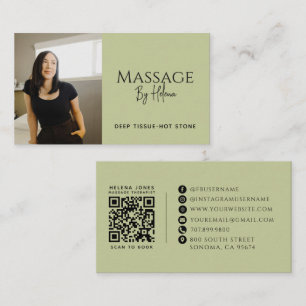 Moderner Masseur-Foto-QR-Code Sage Green Visitenkarte