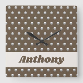 Moderner Metallsilber und dunkelbrauner Polka-Dot Quadratische Wanduhr
