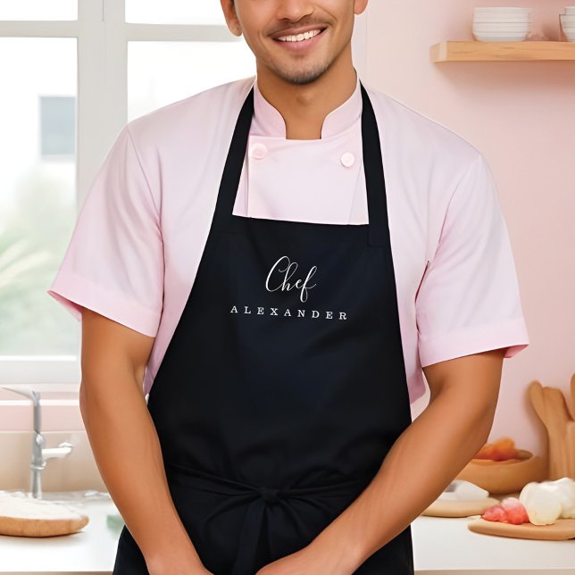 Moderner Minimal Black Koch Küche Individuelle Nam Schürze (Modern Minimal Black Chef Kitchen Custom Name Apron)