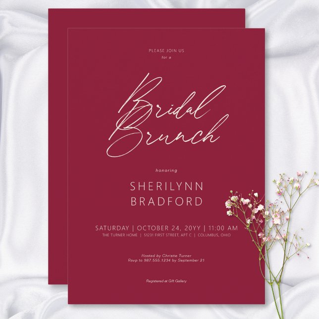 Moderner Minimal Burgund Wein Bridal Brunch Einladung (Modern Minimal Burgundy Wine Bridal Brunch Invitation)