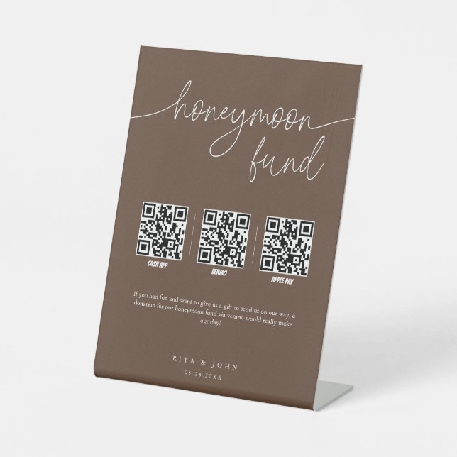 Moderner Minimal-Honeymoon-Fonds Cash QR Code Hoch Sockelschild (Vorderseite)
