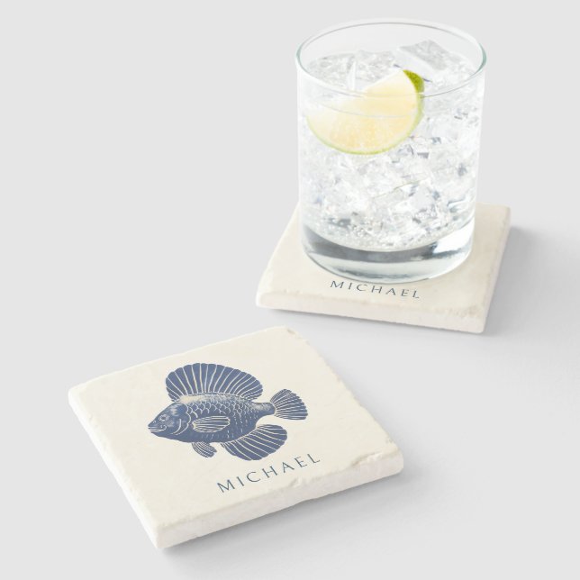 Moderner Minimal Navy Blue Nautical Fish Individue Steinuntersetzer (Seitenansicht)