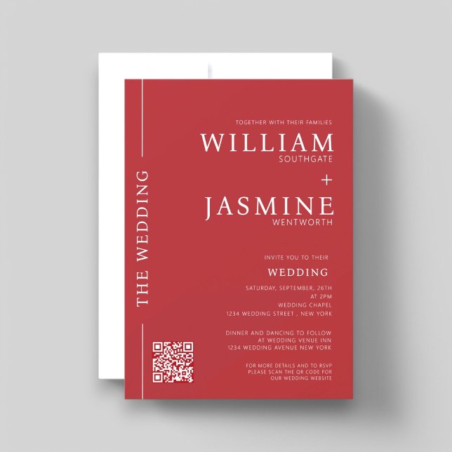 Moderner Minimal sauberer QR-Code All-in-One Hochz Einladung (modern minimalist red and white wedding invitation with wedding website qr code link , minimal bride)
