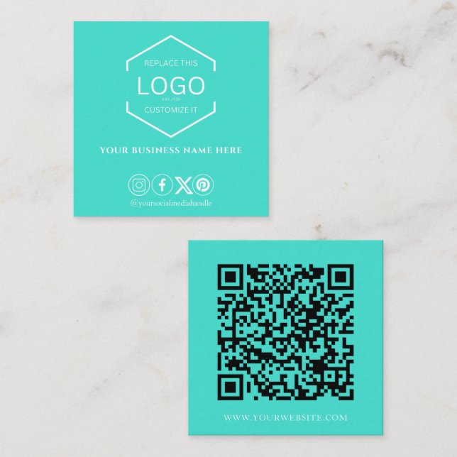 Moderner Minimal Social Media QR Code Türkis Quadratische Visitenkarte (Vorne/Hinten)