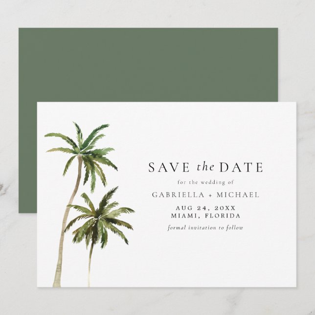 Moderner Minimal Tropical Beach Palm Save the Date Einladung (Vorne/Hinten)