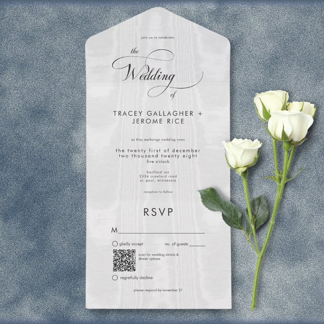 Moderner Minimal White Satin Taffeta QR Code All In One Einladung (Modern Minimal White Satin Taffeta All In One Wedding Invitation with QR Code)