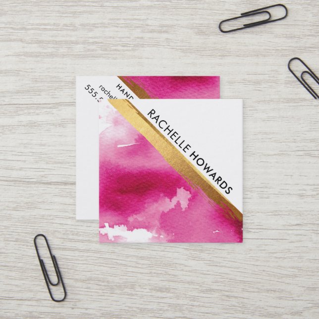 MODERNER MINIMAL-WINKEL, rosa Aquarellgoldbürste Quadratische Visitenkarte (Vorderseite/Rückseite Beispiel)