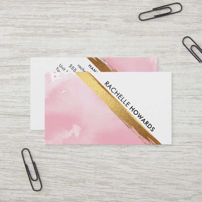 MODERNER MINIMAL-WINKEL, rosa Aquarellgoldbürste Visitenkarte (Vorderseite/Rückseite Beispiel)