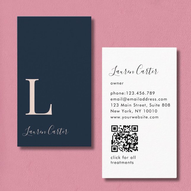 Moderner Minimaler Monogram Blue Blush QR Code Visitenkarte (Modern Minimal Monogram Blue QR Code Business Card)