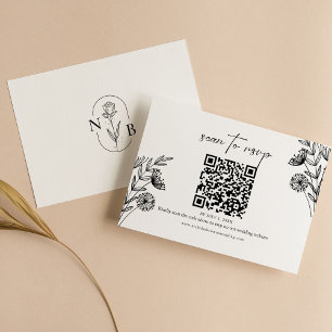 Moderner Minimaler QR-Code für Schwarz-weiße Blume RSVP Karte
