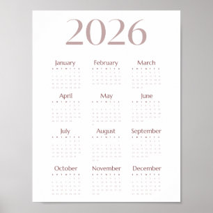Moderner minimalistische Einblatt-Kalender 2026 Poster