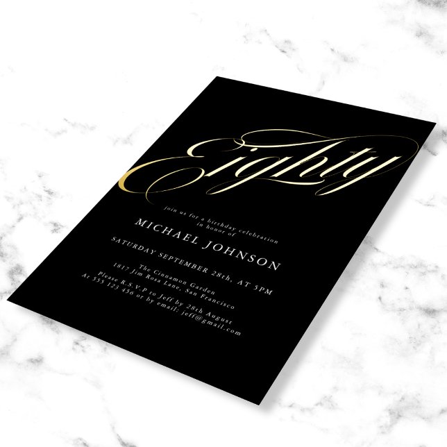 Moderner Minimalistischer 80-er Black Gold Geburts Folieneinladung (Mockup view)