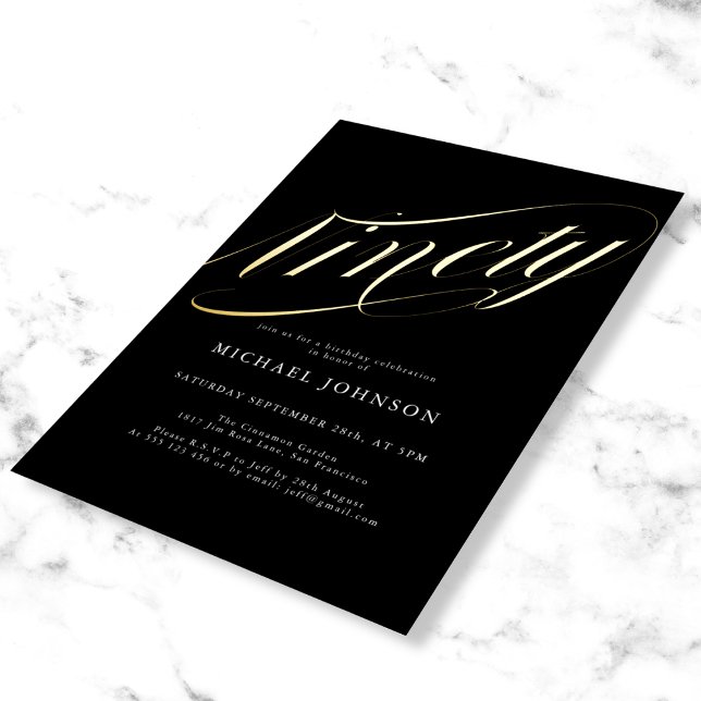 Moderner Minimalistischer 90er Black Gold 90er Geb Folieneinladung (Mockup view)