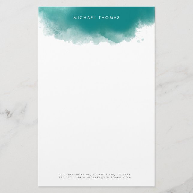 Moderner Minimalistischer Aquamariner Wasserfarben Briefpapier (Vorderseite)
